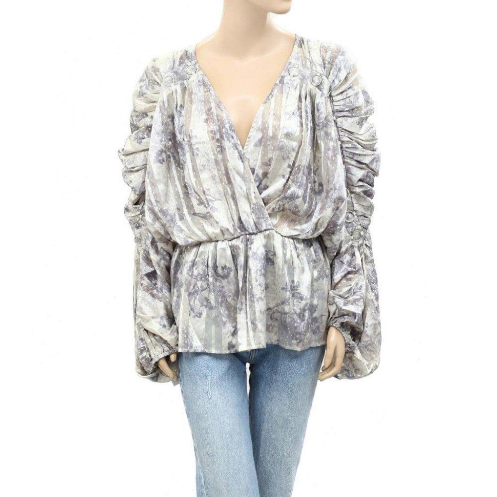 Asos Design Floral Printed Blouse Top Ruched Wrap Volume Sleeves S New